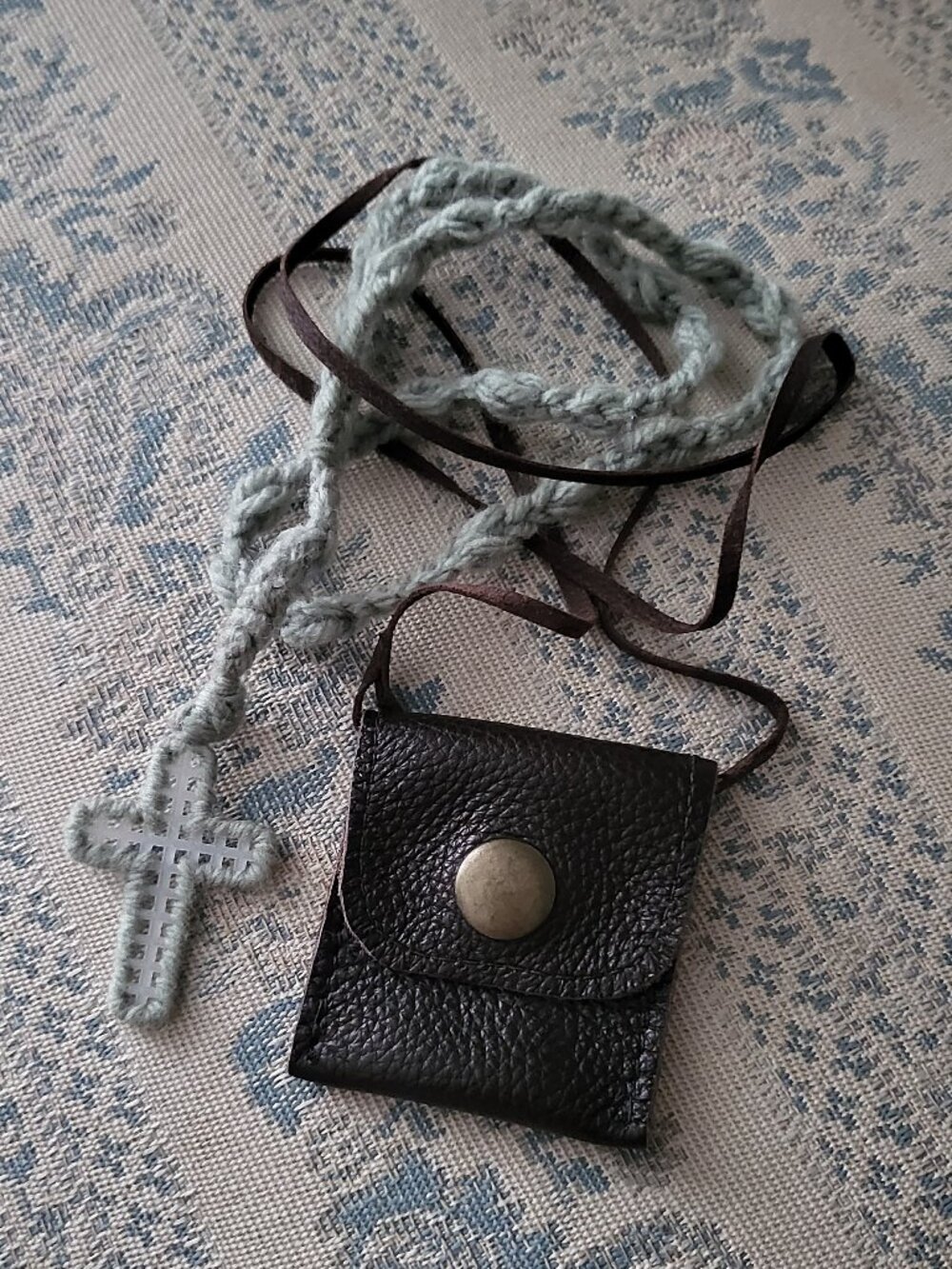 Handmade Brown Leather Medicine Pouch Necklace Knit Cross Charm Rosary Boho